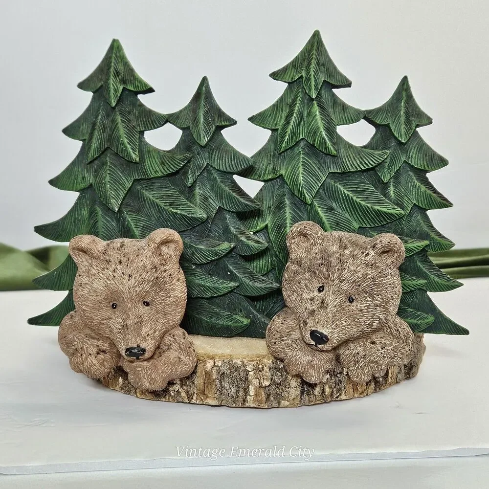 Vtg 3D Resin Brown Bear Pine Tree Towel Holder Hooks Rustic Cabin decor Set of 2